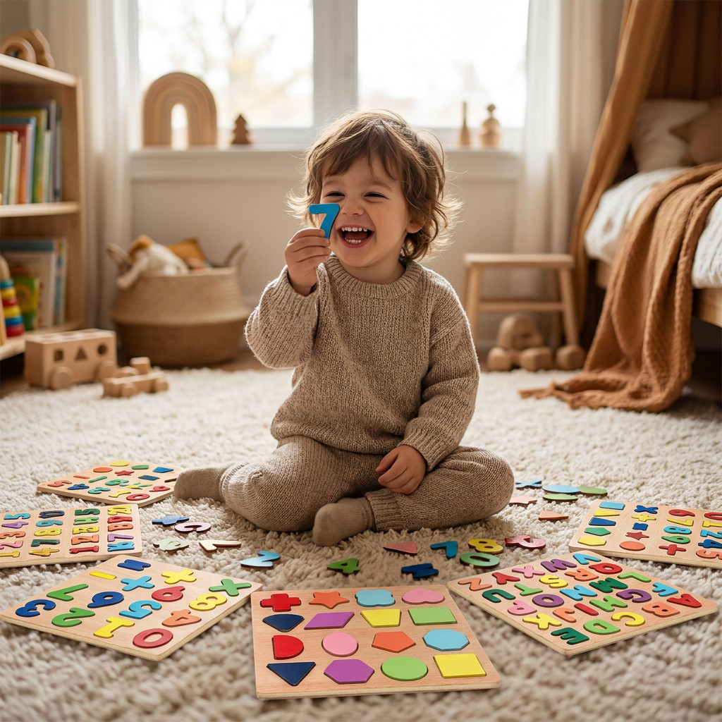 Wooden Educational Puzzle Board Set - Letters, Numbers & Shapes