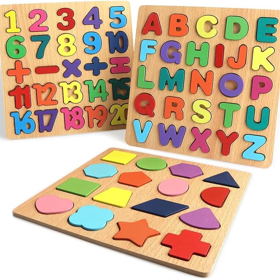 Wooden Educational Puzzle Board Set - Letters, Numbers & Shapes